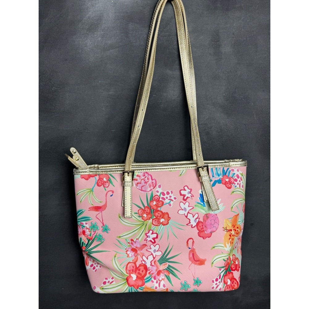 Spartina 449 Flamingo Floral Tote Bag Pink Gold Tropical Beach Summer Shoulder - Picture 16 of 16